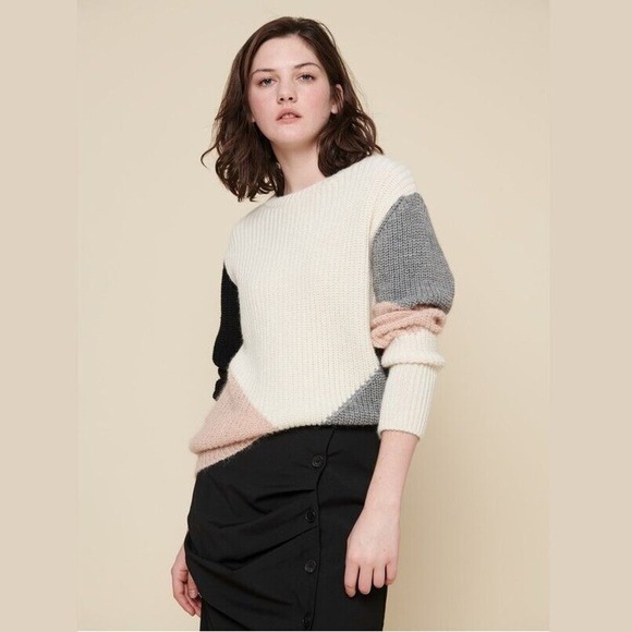 Acoté Ecru Multicolor Colorblock Alpaca Crewneck Pullover Sweater Sz 1 NWT $198 - Picture 3 of 13